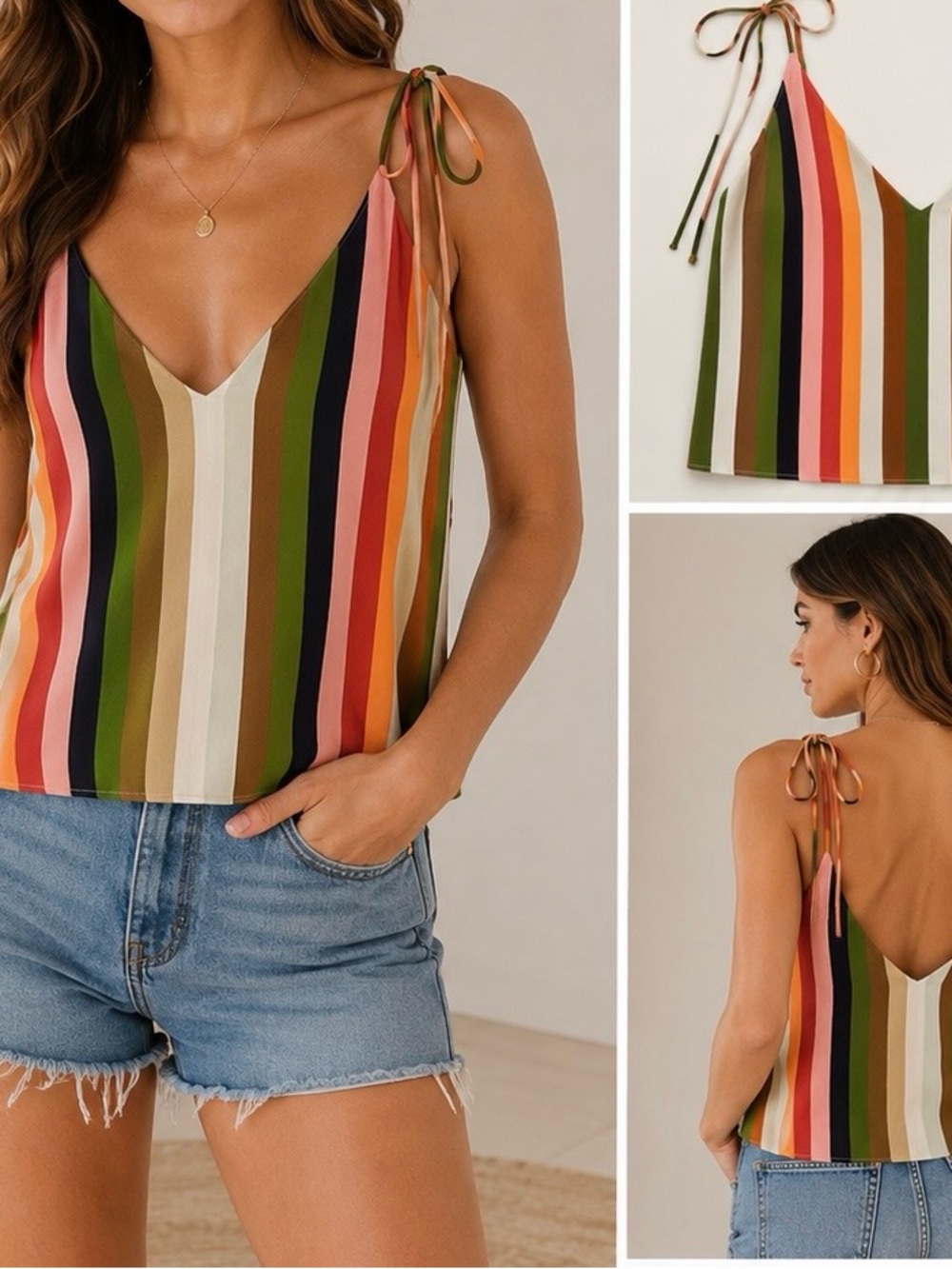 Reformation Multicolor Stripe Tie-Shoulder Cami in Olive, Pink & Cream